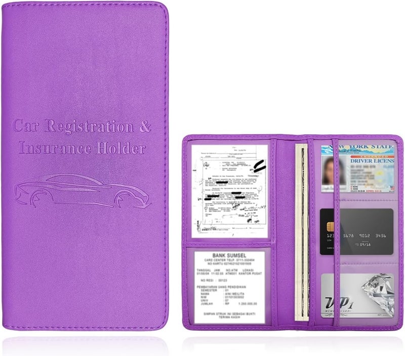 Wevdn Car Registration and Insurance Holder, PU Leather Vehicle Glove Box Organizer with Magnetic Shut, Wallet Case for Insurance Card Driver License Document, Car Accessories (Purple, Matte) - Image 1